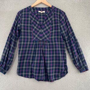 LOFT Top Womens Small Blue Multi Plaid Long Balloon Sleeves V Neck Ruched Front